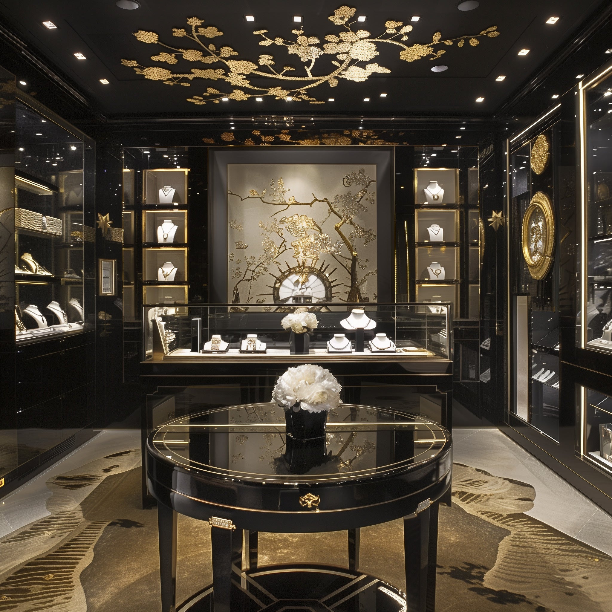 Black and gold jewellery viewing room