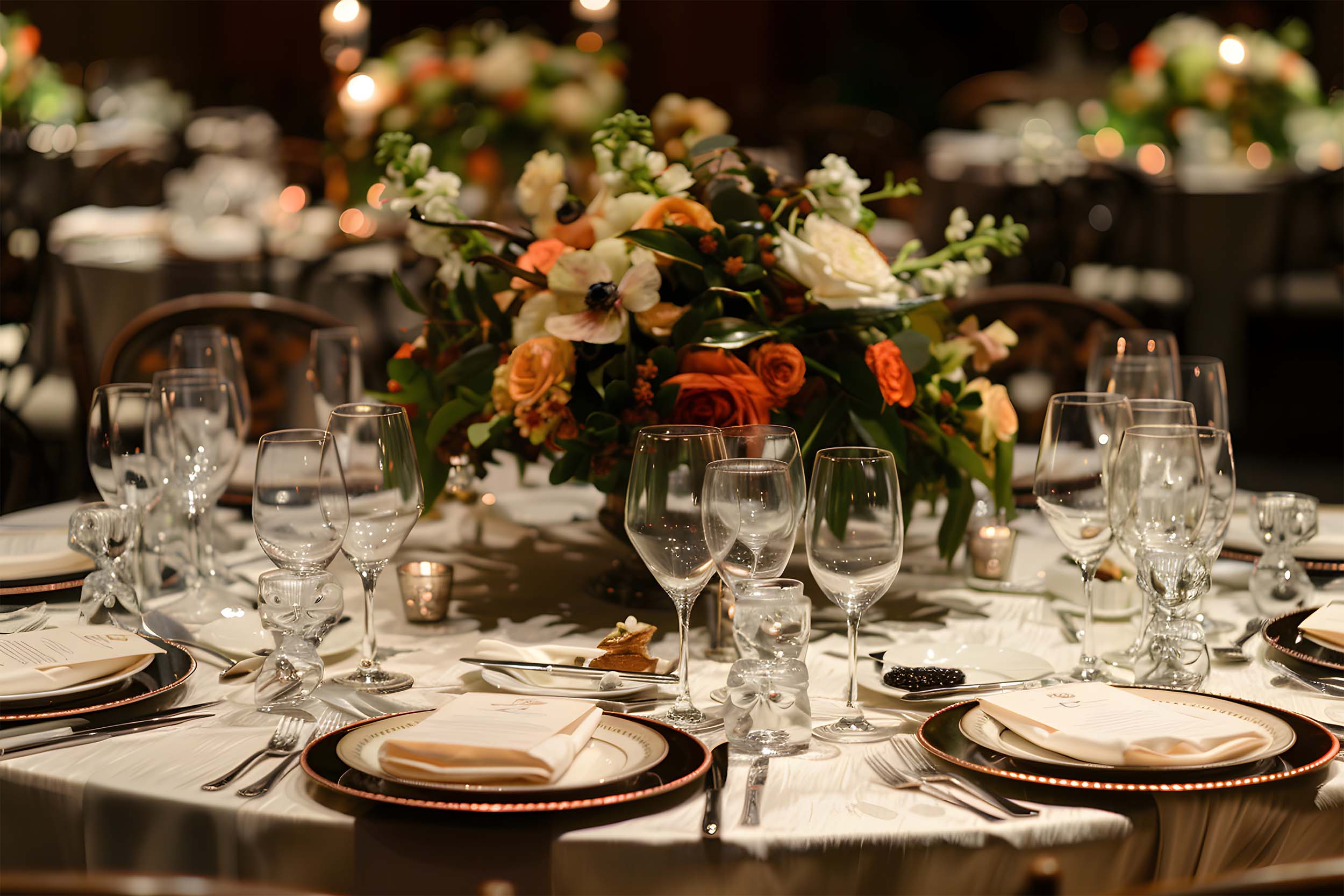 Evening dinner table set with flowers